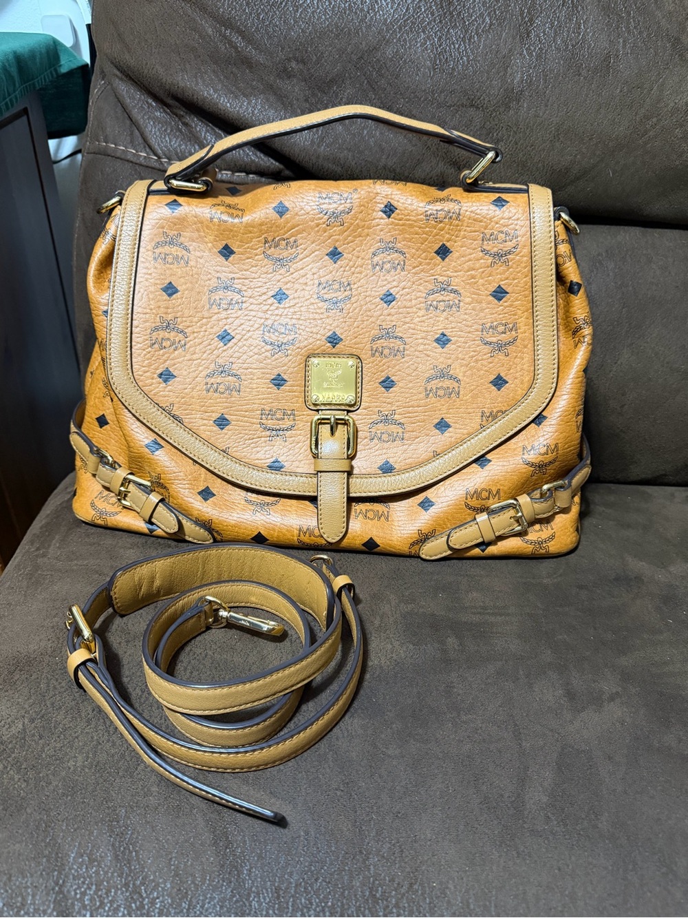 MCM Cognac Monogram Visetos Satchel with Removable Strap